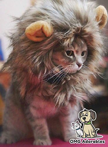 Lion Mane Costume for Cats, Fluffy Lion Wig with Ears for Halloween, Christmas and Pet Photos, One Size for Adult Cats