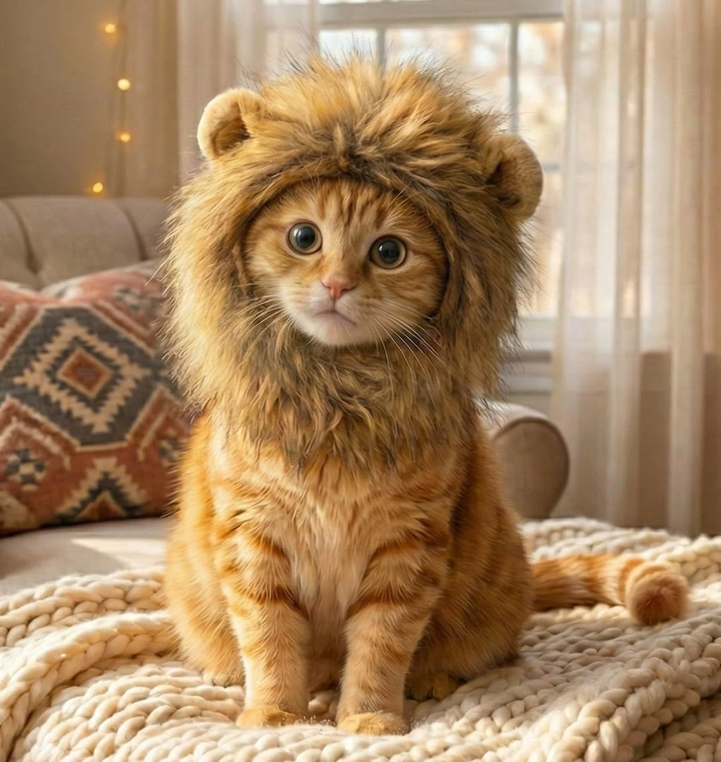 Lion Mane Costume for Cats, Fluffy Lion Wig with Ears for Halloween, Christmas and Pet Photos, One Size for Adult Cats