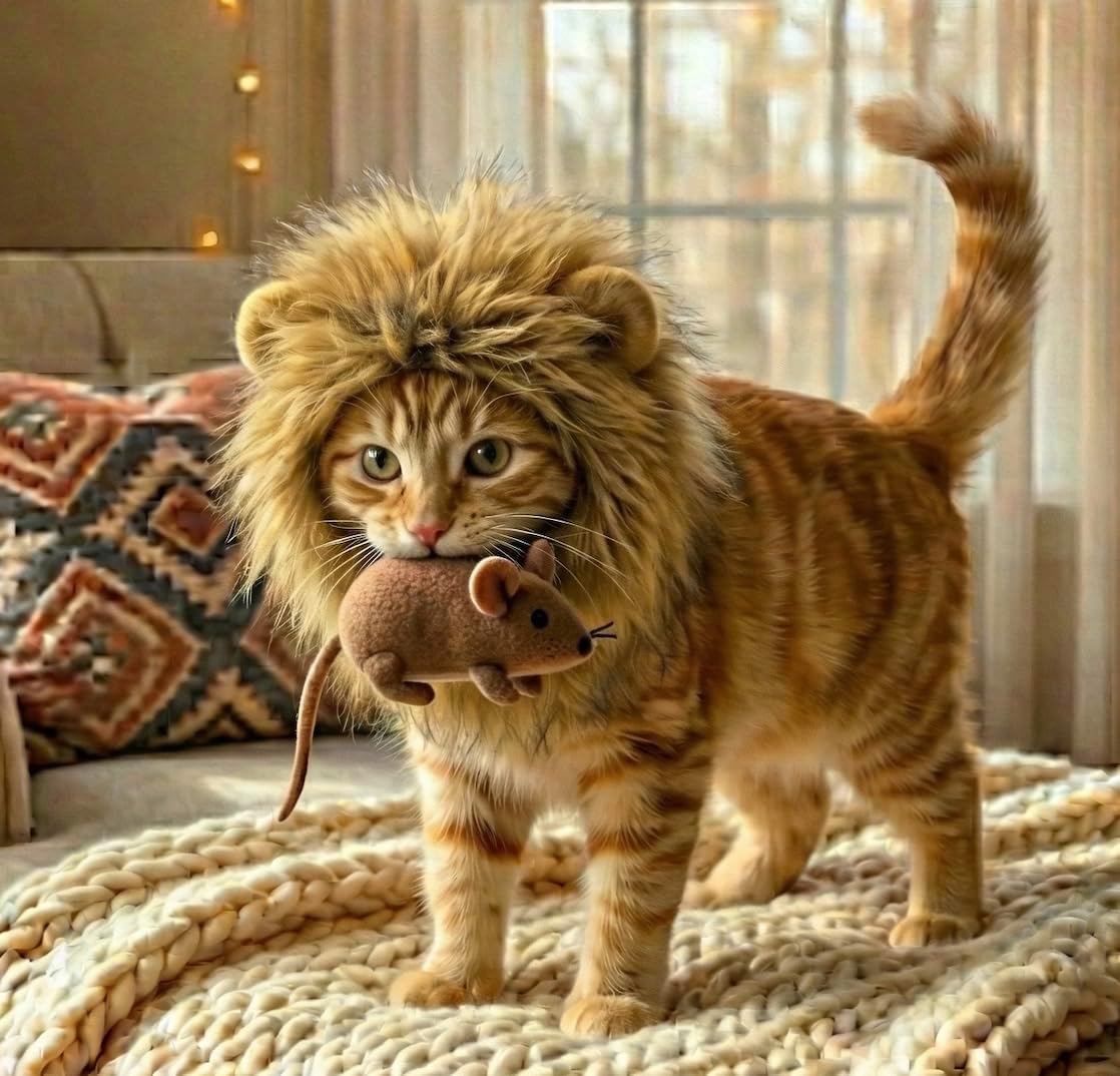 Lion Mane Costume for Cats, Fluffy Lion Wig with Ears for Halloween, Christmas and Pet Photos, One Size for Adult Cats