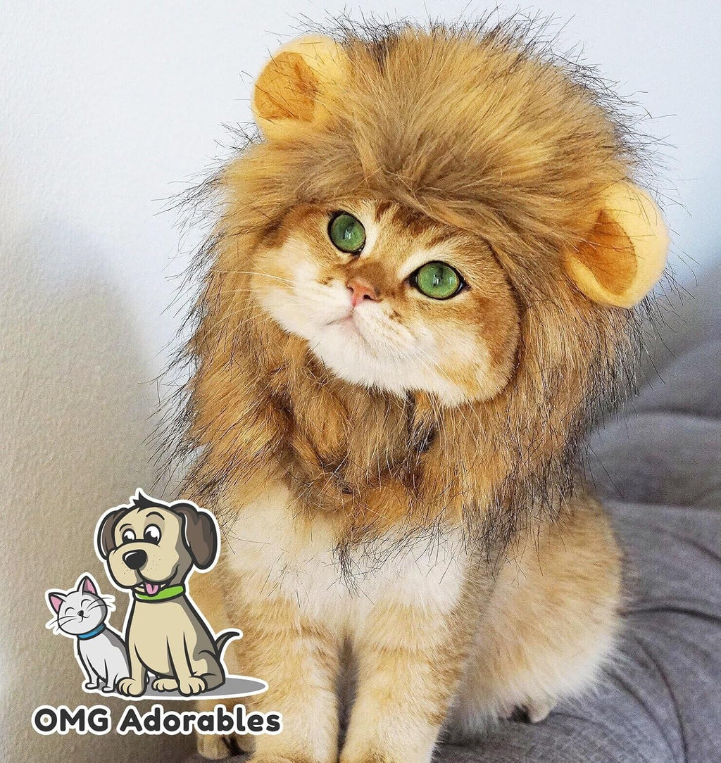 Lion Mane Costume for Cats, Fluffy Lion Wig with Ears for Halloween, Christmas and Pet Photos, One Size for Adult Cats