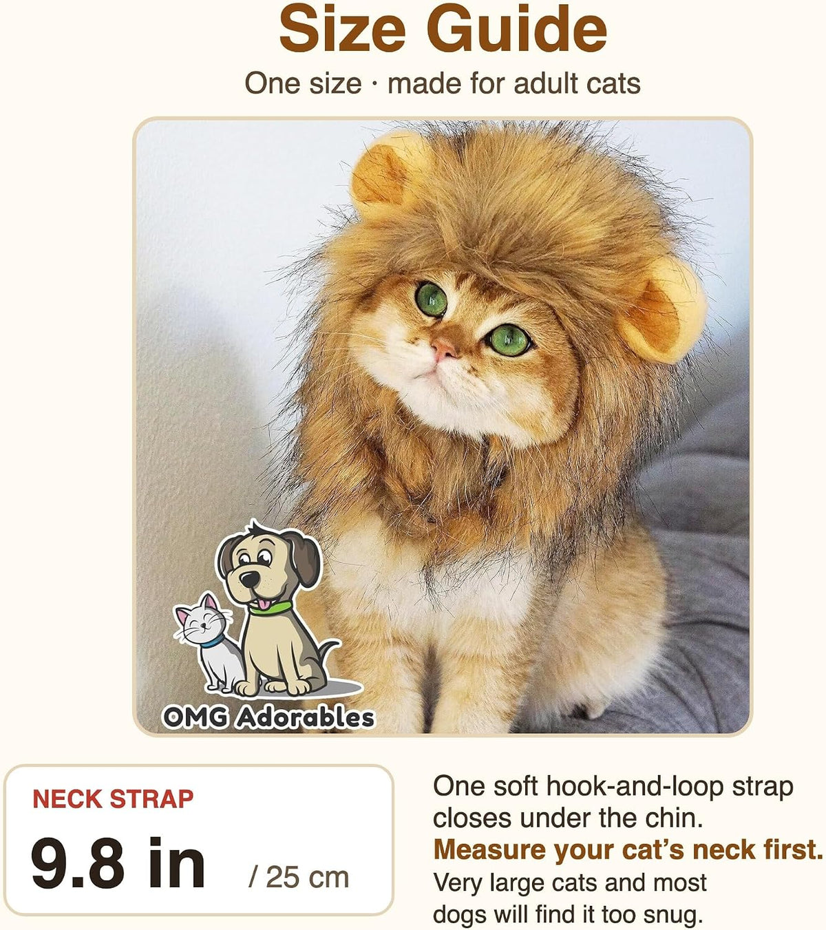 Lion Mane Costume for Cats, Fluffy Lion Wig with Ears for Halloween, Christmas and Pet Photos, One Size for Adult Cats